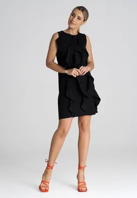 Trapezowa sukienka elegancka z falbankami czarna M1002 rozmiar L