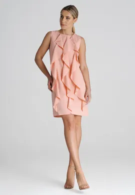 Trapezowa sukienka elegancka z falbankami różowa M1002 rozmiar L