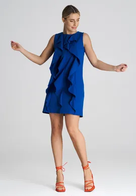 Trapezowa sukienka elegancka z falbankami szafirowa M1002 rozmiar L