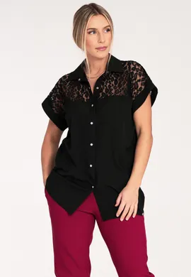 Bluzka ażurowa damska - bluzka z krótkim rękawem - bluzka czarna M1073 rozmiar M