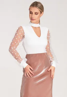 Białe body z długim rękawem - Body bluzka z półgolfem - M1081 rozmiar L/XL