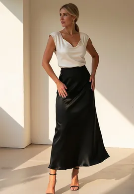 Satynowa spódnica midi - Czarna spódnica M1084 rozmiar L/XL