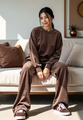 Dres welurowy damski - Komplet welurowy damski - brązowy dres M1100 rozmiar L/XL