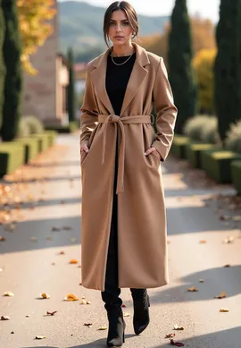 Płaszcz damski z paskiem - Klasyczny płaszcz damski - Beżowy płaszcz M1114 rozmiar L/XL