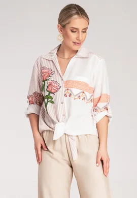 Koszula z kwiatem - Koszula damska oversize - Koszula boho damska M1120 Beż L/XL