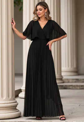 Sukienka z peleryną - Elegancka sukienka z plisowanym dołem - Czarna sukienka M1123 L/XL