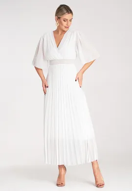 Elegancka sukienka nietoperz - Sukienka plisowana midi - Biała sukienka M1124 L/XL