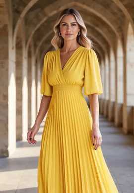 Elegancka sukienka nietoperz - Sukienka plisowana midi - Żółta sukienka M1124 L/XL