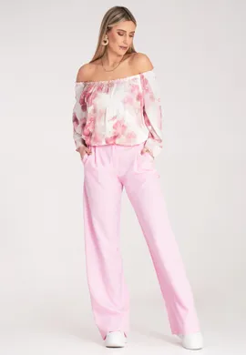 Eleganckie spodnie z wysokim stanem - Szerokie spodnie z wysokim stanem - Różowe spodnie M1129 L/XL