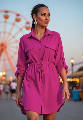 Szmizjerka damska - Sukienka szmizjerka - Sukienka koszulowa - Fuksjowa szmizjerka M1131 L/XL