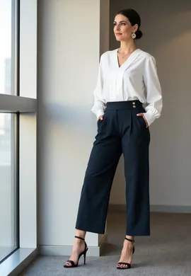 Eleganckie spodnie 7/8 damskie - Spodnie garniturowe damskie - Granatowe spodnie M1132 r. L/XL