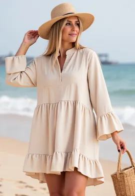 Sukienka w stylu boho - Sukienka z falbanami - Luźna sukienka beżowa M1136 r. L/XL