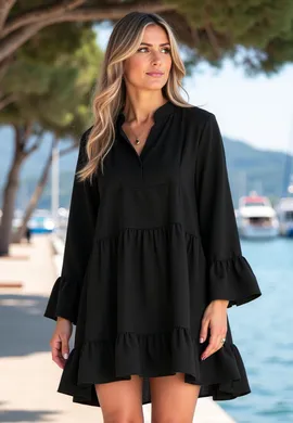 Sukienka w stylu boho - Sukienka z falbanami - Luźna sukienka czarna M1136 r. L/XL