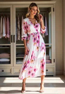 Długa sukienka plisowana - Sukienka w kwiaty na wesele - Biała sukienka M1137 r. L/XL