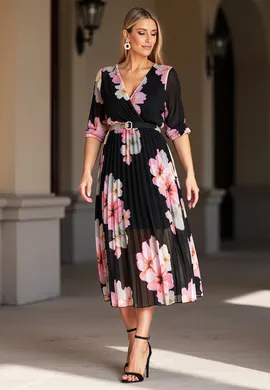 Długa sukienka plisowana - Sukienka w kwiaty na wesele - Czarna sukienka M1137 r. L/XL