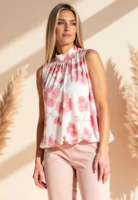Elegancka bluzka bez rękawów - Elegancka bluzka w kwiaty - Różowa bluzka M1143 r. L/XL