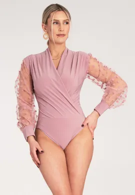 Kopertowe body damskie - Body damskie z długim rękawem - Różowa bluzka body M1145 r. L/XL