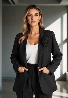 Marynarka z różą - Marynarka damska oversize - Czarna marynarka damska M1153 r. L/XL