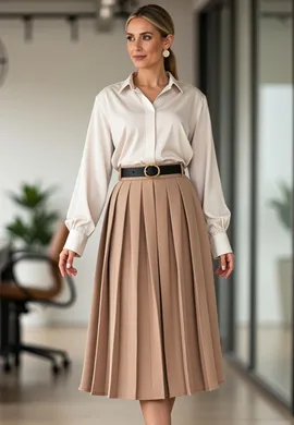 Elegancka spódnica plisowana - Spódnica midi plisowana - Beżowa spódnica M1154 r. L/XL