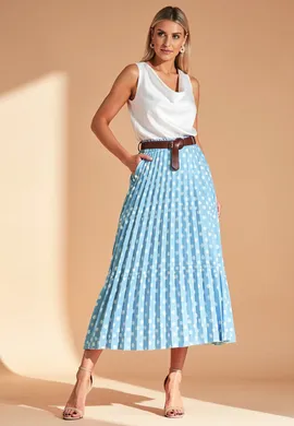 Plisowana spódnica w grochy - Spódnica z wysokim stanem - Niebieska spódnica M1155 r. L/XL