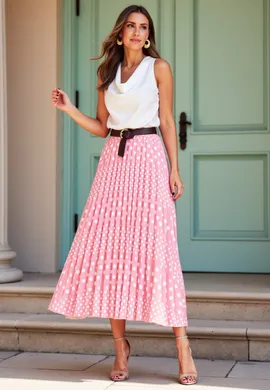 Plisowana spódnica w grochy - Spódnica z wysokim stanem - Różowa spódnica M1155 r. L/XL