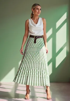 Plisowana spódnica w grochy - Spódnica z wysokim stanem - Zielona spódnica M1155 r. L/XL