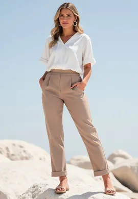 Proste spodnie damskie - Spodnie damskie z wysokim stanem - Spodnie beżowe M1161 r. L/XL