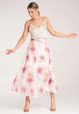 Spódnica plisowana w kwiaty - Elegancka spódnica z wysokim stanem - Różowa M1163 r. L/XL