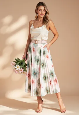 Spódnica plisowana w kwiaty - Elegancka spódnica z wysokim stanem - Zielona M1163 r. L/XL