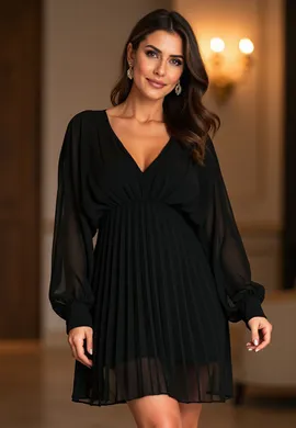 Elegancka sukienka z długim rękawem - Sukienka z szyfonu - Czarna sukienka M1165 r. L/XL