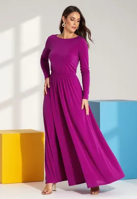 Prosta sukienka maxi -  Sukienka długa z długim rękawem - Fuksjowa sukienka M1166 r. L