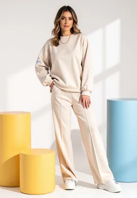 Dres z szerokimi nogawkami - Komplet damski dresowy - Beżowy komplet M1168 r. L/XL
