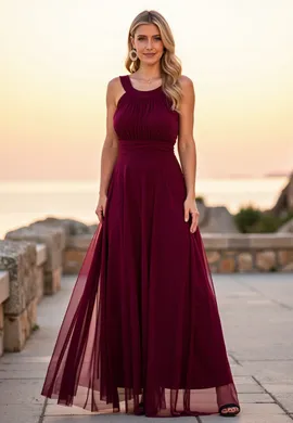 Elegancka sukienka wieczorowa - Sukienka z wiązaniem z tyłu - Bordowa sukienka maxi M1171 r. L/XL