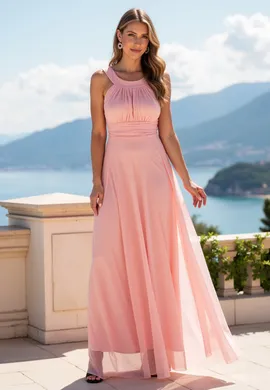 Elegancka sukienka wieczorowa - Sukienka z wiązaniem z tyłu - Różowa sukienka maxi M1171 r. L/XL