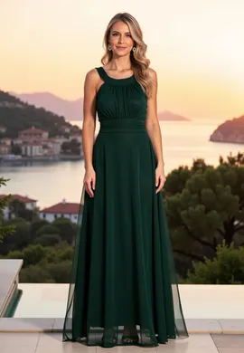 Elegancka sukienka wieczorowa - Sukienka z wiązaniem z tyłu - Zielona sukienka maxi M1171 r. L/XL