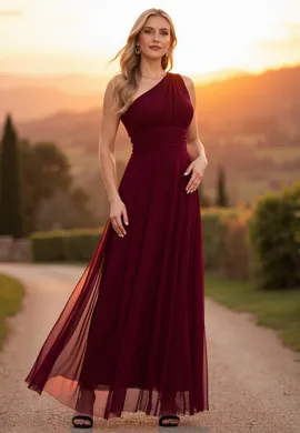 Elegancka sukienka na jedno ramię - Wieczorowa sukienka maxi - Bordowa sukienka M1172 r. L/XL