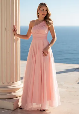 Elegancka sukienka na jedno ramię - Wieczorowa sukienka maxi - Różowa sukienka M1172 r. L/XL