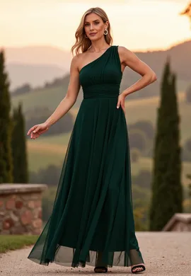 Elegancka sukienka na jedno ramię - Wieczorowa sukienka maxi - Zielona sukienka M1172 r. L/XL