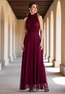 Sukienka wieczorowa długa - Sukienka z dekoltem halter - Bordowa sukienka M1173 r. L/XL