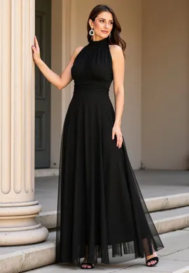 Sukienka wieczorowa długa - Sukienka z dekoltem halter - Czarna sukienka M1173 r. L/XL