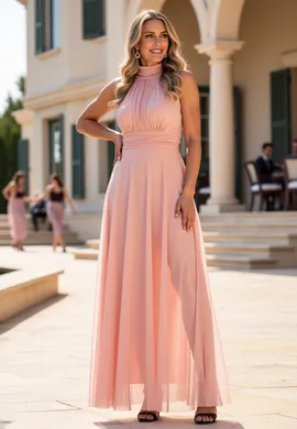 Sukienka wieczorowa długa - Sukienka z dekoltem halter - Różowa sukienka M1173 r. L/XL