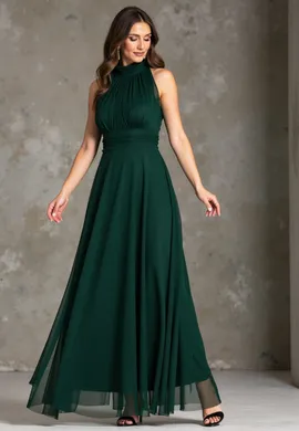 Sukienka wieczorowa długa - Sukienka z dekoltem halter - Zielona sukienka M1173 r. L/XL