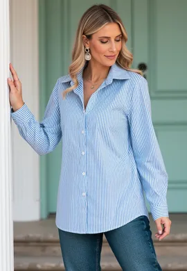 Koszula damska elegancka - Koszula damska w paski - Niebieska koszula M1174 r. L/XL