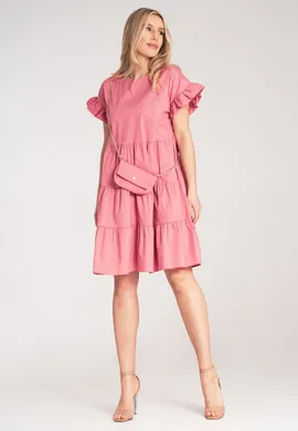 Bawełniana sukienka na lato - Sukienka falbanki - Różowa sukienka M1182 r. L/XL