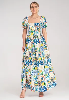 Sukienka z kwadratowym dekoltem i bufiastymi rękawami - Niebieska sukienka M1187 r. L/XL