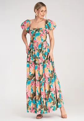 Sukienka kwadratowy dekolt i gumką w pasie - Różowa sukienka M1188 r. L/XL