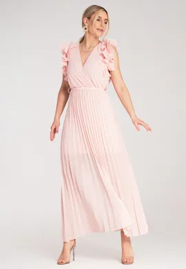 Plisowana sukienka maxi - Sukienka z falbanką na rękawach - Różowa sukienka M1189 r. L/XL