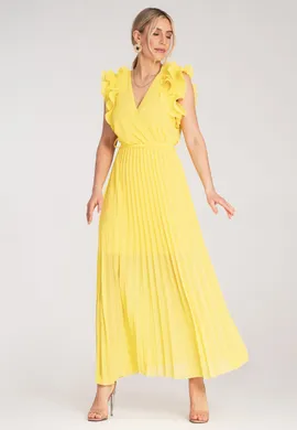 Plisowana sukienka maxi - Sukienka z falbanką na rękawach - Żółta sukienka M1189 r. L/XL