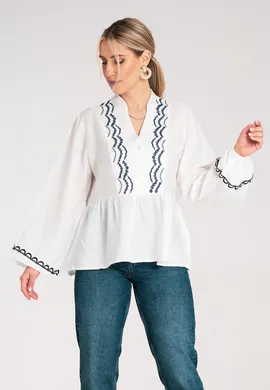 Bluzka z falbanką na dole - Bluzka z szerokimi rękawami - Biała bluzka M1192 r. S/M