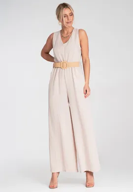 Kombinezon damski z szerokimi nogawkami - Kombinezon z paskiem - Beżowy M1193 r. L/XL